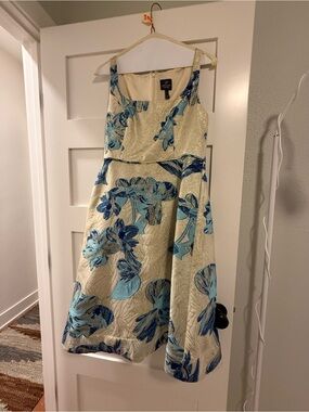 Adrianna Papell Ivory Dress with Blue Floral Jacquard